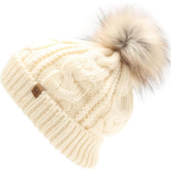MIRMARU Women’s Soft Faux Fur Pom Pom Slouchy Beanie Hat with Sherpa Lined- Thic
